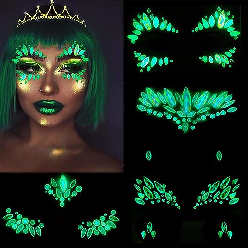 Face Gems 4 Sheet Face Jewels Stick on Rhinestones Stickers Luminous Crystal Face Stickers Gemstones Temporary Tattoo Gifts for Women Carnival Music Festival Party Rave Accessories (Luminous)