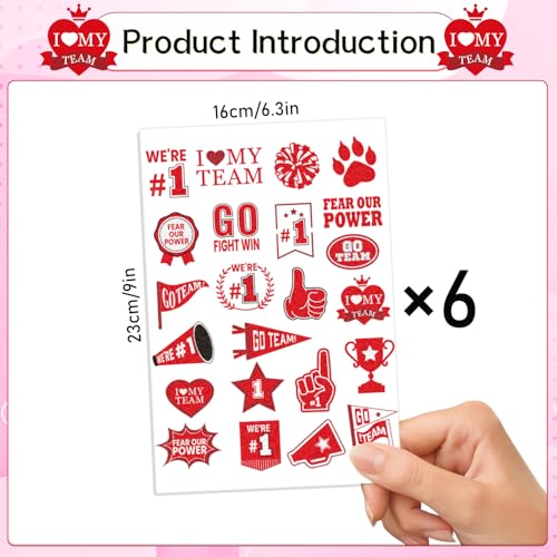 Red Team Spirit Temporary Tattoos - Gameza 138PCS Red Spirit Party Favors Decorations Supplies Glitter Team Spirit Tattoo Stickers for Cheerleading Teams Sports Games Classroom Spirit Week Rewards