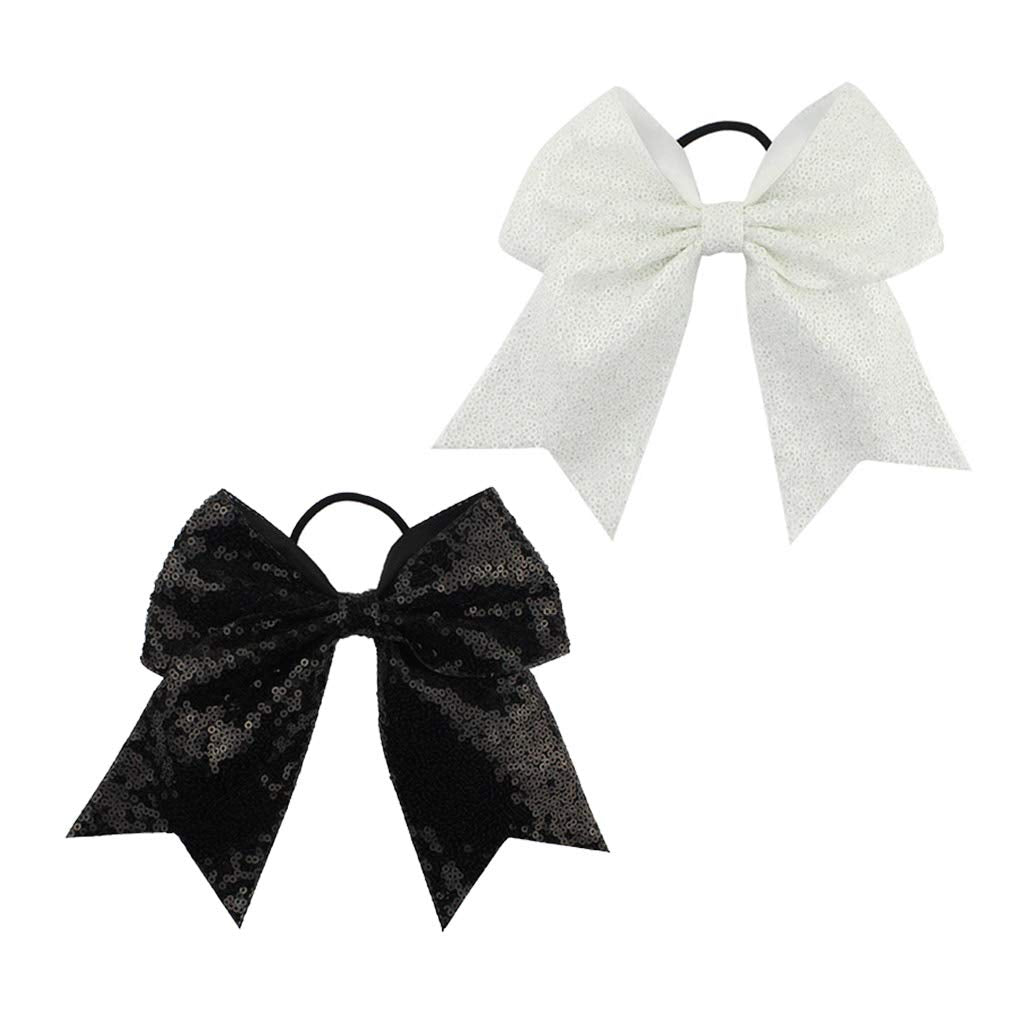 Girls Cheer Bow Ponytail Holder Big Hair Bow Tie with Glitter Sequins Bowknot JB80 (White Black)