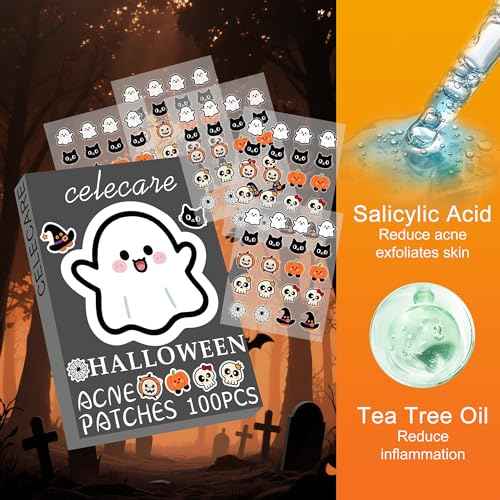 Pimple Patches,Halloween Acne Patch,Pimple Patches for Face, Cute Stickers,Salicylic Acid & Tea Tree, 100PCS Hydrocolloid Dots in 8 Colors for Face,Cute Halloween Stickers