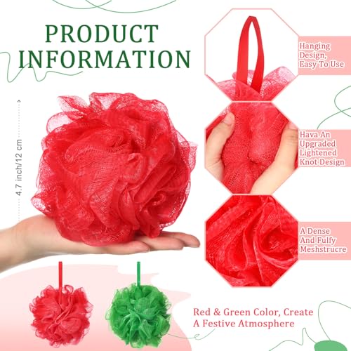 12 Pcs Christmas Bath Loofah Sponge Red Green Loofah Exfoliating Body Scrubber Shower Sponge 50g Mesh Shower Pouf Balls Gift Set for Women Men Bathing Accessories