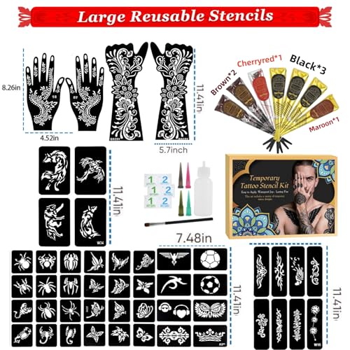 Temporary Tattoo Kit with 12 Stencils, 7 Inks & Removal Wipes