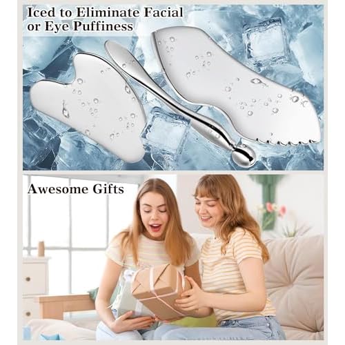 Gua Sha Facial Tools, 3 in 1 Stainless Steel Metal Guasha & Eye Cream Applicator Facial Sculpting Tool Set Eye Massager Lymphatic Drainage for Face Neck (Plastic Box 3, Count, 3)