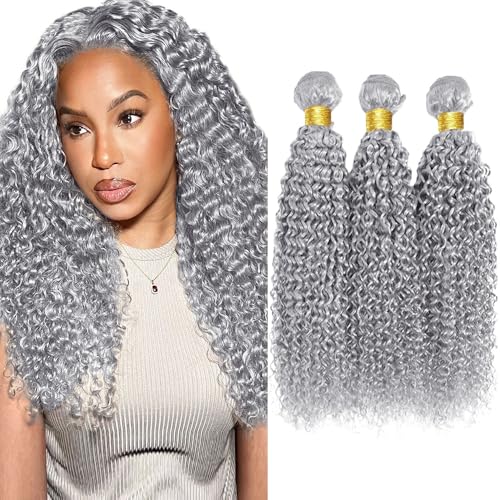 Grey Curly Human Hair Bundles - 3 Pack, 16-20 Inch