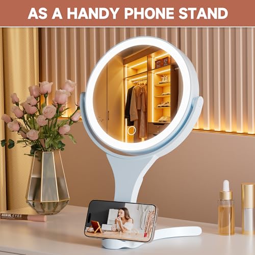 Hasipu Blue Travel Makeup Mirror with Lights, 3-Color Dimmable, 10X Magnification & Phone Stand