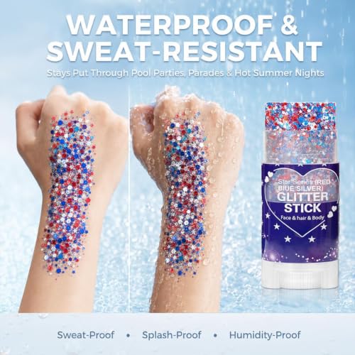 Red, White & Blue Glitter Sticks - 4th of July Face & Body Makeup (2-Pack)