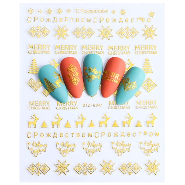 8 Sheets Christmas Nail Stickers, 3D Self-Adhesive Holiday Stickers, Santa Claus Snowflake Snowman Bird Bell Christmas Tree Elk Nail Decals, Red Gold Christmas Stickers, Xmas Winter Stickers for Kids