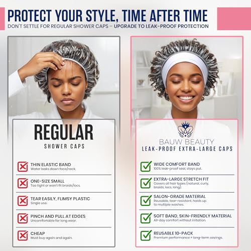 Reusable Leak-Proof Extra-Large Shower Caps for women & Processing Clear Plastic Caps (10 Pack) ? Wide Comfort Band & Durable Hair Protection