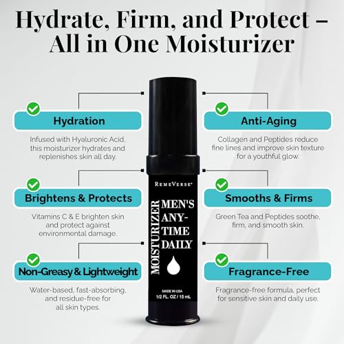 RemeVerse Men¡¯s Anytime Daily Moisturizer with Hyaluronic Acid, Peptides, Vitamins C & E, Collagen, Green Tea - Smoothes & Hydrates Skin, Fragrance-Free, Water-Based, Youthful Care Formula - 15ml