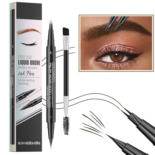 Pinkiou Eyebrow Pen,Microblading Eyebrow Pen,2-In-1 Waterproof Eyebrow Pen,Dual-Ended Eyebrow Pen with 2-Fork-Tips and Precision Brush,Eyebrow Pen for Natural Hair-Like Brows,Long Lasting,Dark Brown
