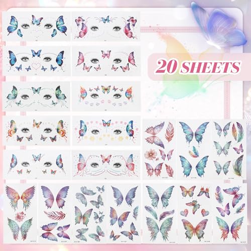 Glitter Butterfly Temporary Tattoos - 20 Sheets