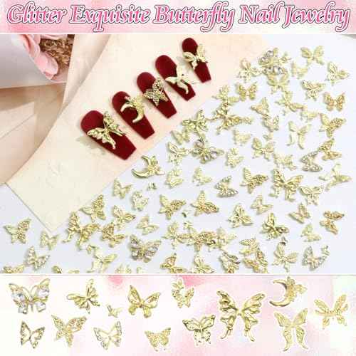 RODAKY 120pc Butterfly Nail Charms - Gold 3D Butterflies with Rhinestone Mixed Size Y2K Nail Decoration for Women's Manicure Design DIY Craft Embellishment