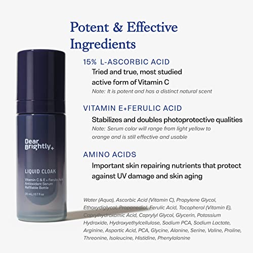 Vitamin C Serum with Ferulic Acid and Vitamin E for Glowing Radiant Skin by Dear Brightly, Liquid Cloak Facial Serum for Sensitive Skin, Refillable Glass Bottle, 0.7 fl oz