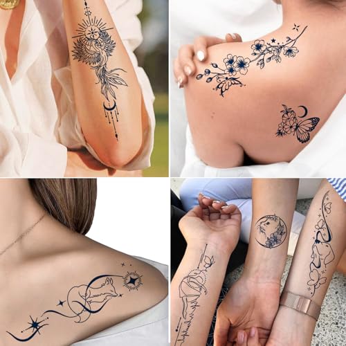Tazimi Semi-Permanent Tattoos for Women Girls 100% Plant-Based Ink Small Flower Words Animals Waterproof Realistic Fake Tattoos Long Lasting 1-2 Weeks for Adult