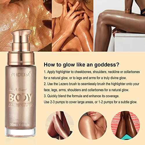 Body Shimmer Oil, Rose Gold Natural Glow Luminizer, Long Lasting Waterproof Moisturizing Liquid Illuminator Highlighter Makeup for a Sun-Kissed Glow, Brush Include, 1oz, Light Medium