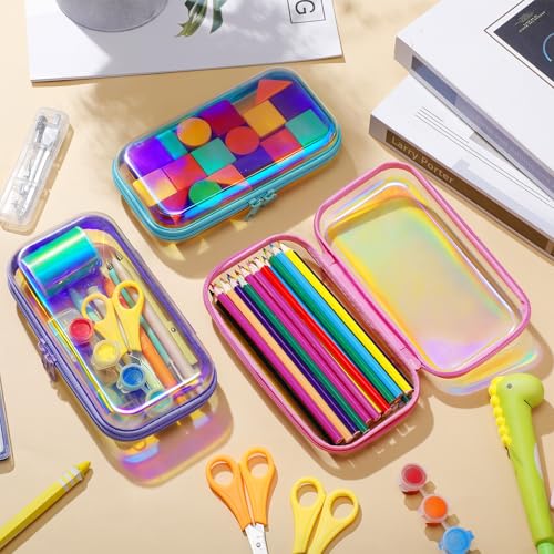 Hoolerry 3 Pcs Clear Hard Zipper Case Makeup Bag Plastic Zipper Pouch Christmas Storage Case Portable Travel Organizer Bin for Cosmetics, Building Blocks, Puzzles(Laser,S)