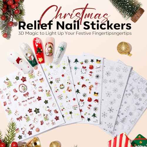 modelones Christmas Nail Stickers 3D Self-Adhesive nail decals Christmas Tree, Snowflakes, Santa Claus, Reindeer & Snowman, Winter Holiday Christmas DIY Nail Stickers for Women & Kids 5Pcs