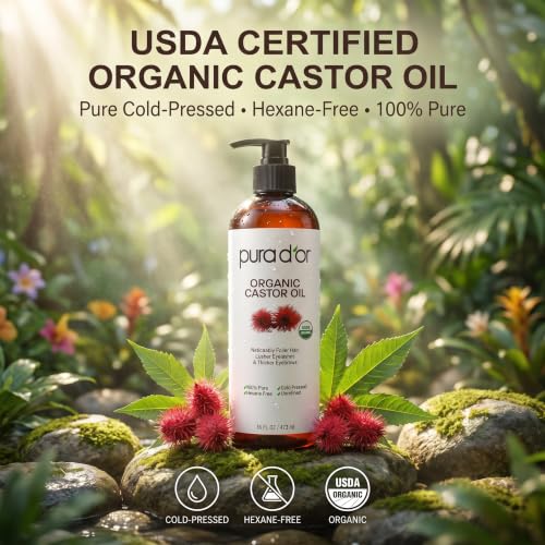 PURA D'OR Organic Castor Oil 16oz Cold-Pressed for Hair Skin Nails - USDA Certified
