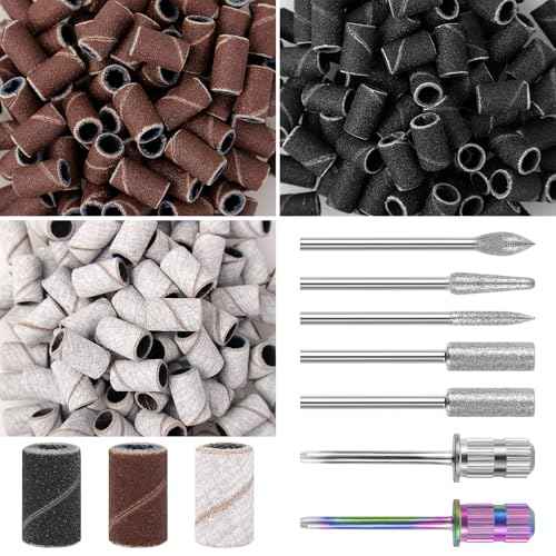 Sanding Bands for Nail Drill 300Pcs, w/ 7Pcs Nail Drill Bits, 150#180#240#Grit Nail Sanding Bands for Manicures Pedicures, Electric Nail File Bits
