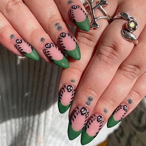 Green Press on Nails Medium Almond False Nails Matte Acrylic Nails Kit Reusable Spring Fake Nails with Designs Skeleton Glue on Nails Artificial Nails for Women Nail Art Manicure in 24PCS