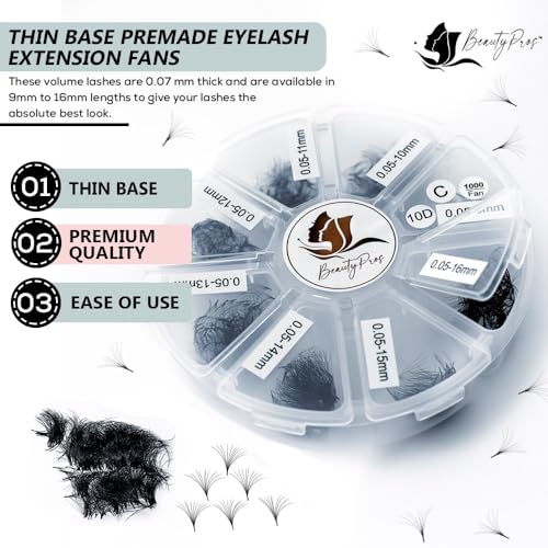 BeautyPros 5D Premade Volume Lash Extension Kit- 5D Mixed Tray 1000 Premade Fans Eyelash Extensions - Promade Lash Fans Pointed Handmade Premade - Loose Fans Thin Base (5D D-Curl 9-16mm)