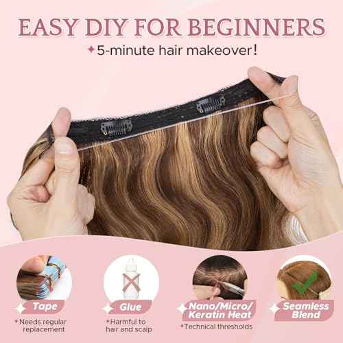 SEGO Halo Hair Extensions, Wavy Adjustable Invisible Wire Extensions, Real Human Hair, 2 Clips for Women Transparent Fish Line Extensions, Add Length Volume, 12 inches, Medium Brown Mixed Dark Blonde