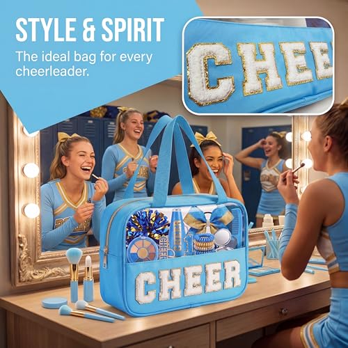 KYTACCU Sky Blue Cheer Makeup Bag with Chenille Letter & Clear Travel Pouch for Girls & Women