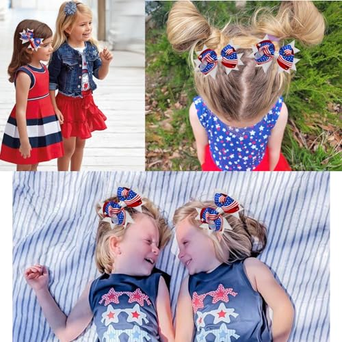 JUCCPUL 2Pcs 4th of July Hair Bows for Girls American Flag Barrette Hair Bow Patriotic Stars and Stripes Hairgrips Baby Girls Women Hair Accessories 3inch