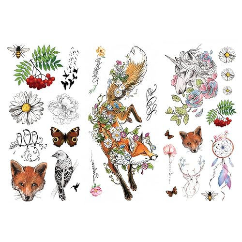 Floral Fox Temporary Tattoos for Adults - Waterproof, 5-7 Days