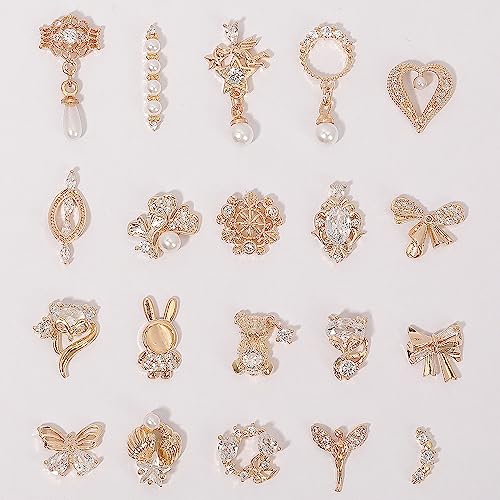 HNUIX Nail Charms and Gems - Gold Copper Zircon, Multiple Shapes 3D Dangle, Metal Jewelry Rhinestones for Nails (20pieces C Set)