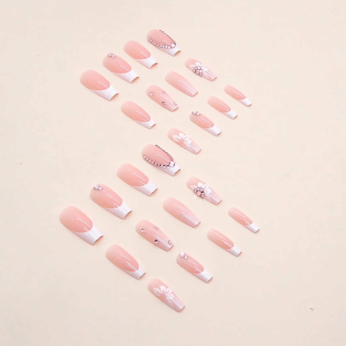 BABALAL Coffin Press on Nails Long Fake Nails White French Tip Glue on Nails Pink Rhinestone Acrylic Nails Flower Ballerina Spring Stick on Nails for Women and Girls 24Pcs