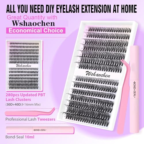 Lash Extension Kit DIY 280pcs Lash Clusters Eyelash Extension Kit, Lash Bond and Seal Lash Tweezers for Self Use 9-16mm Mix£¬30D 40D Curl Individual Lashes Kit (30D&40D-0.07D-9-16MIX KIT)