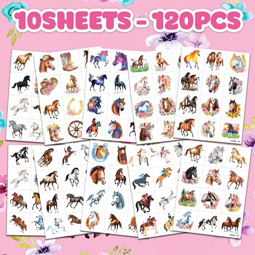 120 PCS Floral Horse Temporary Tattoos for Kids Party