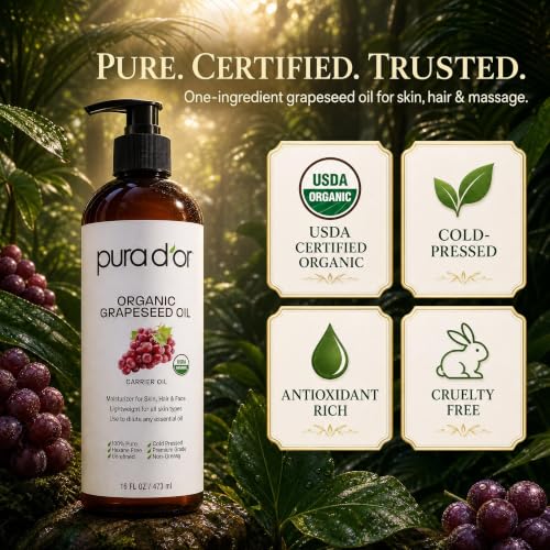 Organic Grapeseed Oil 16 oz - USDA Certified Cold Pressed