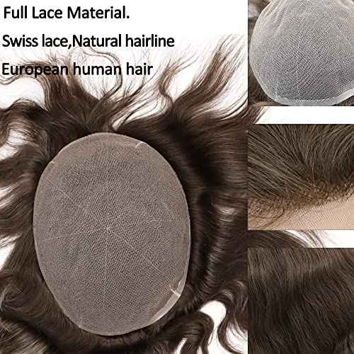 European Human Hair Toupee for Men Soft Full Swiss Lace Hair Replacement System Hairpieces 10"x8" Straight #7 Lightest Brown Color