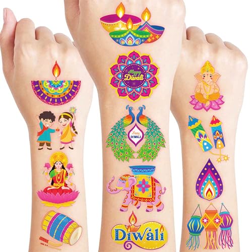 96 PCS Happy Diwali Pre-Cut Temporary Tattoos for Kids | Supper Cute Themed Birthday Party Favors, Supplies, Decorations, Diwali Festival Fake Tattoo Stickers, School Rewards Gifts for Boys & Girls