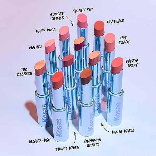 Kosas Wet Stick Moisturizing Shiny Sheer Lipstick with Ceramides, Hyaluronic acid, Peptides and Mango Butter - Soothes, Softens, and Moisturizes Lips – Bikini Blaze