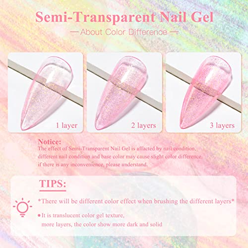 MEET ACROSS Jelly Pink Color Changing Gel Nail Polish Translucent Nude Pink Mood Temperature Change Gel Polish Set White Pink Red Purple Amber Gold Foil Transparent Crystal Gel Nail Polish