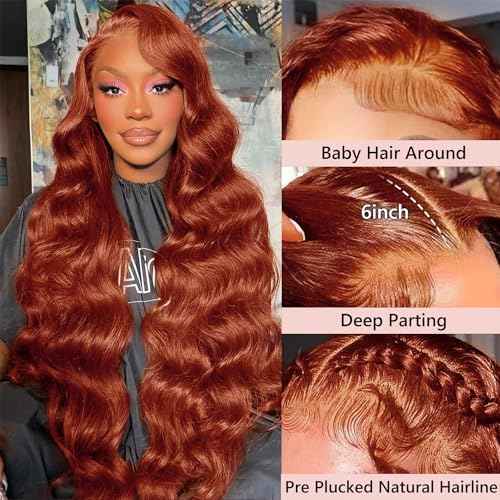 180% Density Reddish Brown 13x6 Lace Front Wigs Human Hair Pre Plucked 13x6 HD Transparent Body Wave Lace Front Wigs For Women Ginger #33 Colored Brazilian Virgin Hair Glueless Wigs Human Hair 24Inch