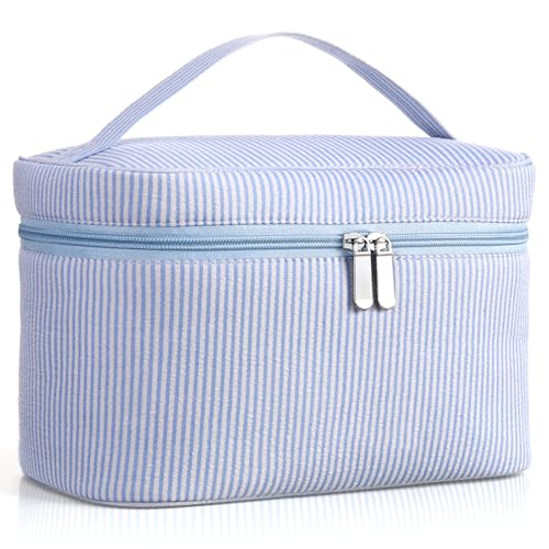 Large Makeup Bag for Women Toiletry Bag, Aesthetic Cute Seersucker Cosmetic Pouch, Teen Gift for Her Mom Girlfriend Wife Teacher Aesthetic Skincare Brushes Storage Organizer(Blue)