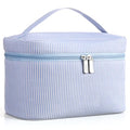 Large Makeup Bag for Women Toiletry Bag, Aesthetic Cute Seersucker Cosmetic Pouch, Teen Gift for Her Mom Girlfriend Wife Teacher Aesthetic Skincare Brushes Storage Organizer(Blue)