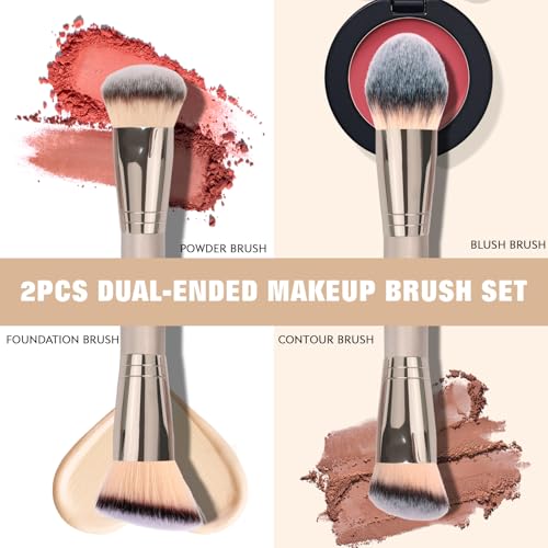 dpolla 2Pcs Dual-Ended Foundation Makeup Brushes Set - Face, Powder, Blush & Contour Tools