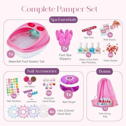 Glow in Dark Kids Spa Day Kit for Girls, 42+ Pieces Waterfall Foot Spa Toys, Nail Spa Kit, Pedicure Manicure Accessories, Perfect Spa Kit for Girls Ages 6 7 8 9 10 11 12, Fun Birthday, Christmas Gifts
