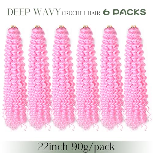 FEILIMEI Deep Wave Crochet Hair 22 Inch Pink (Pack of 6)