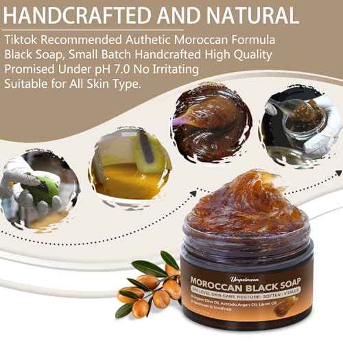 2 PCS Unrefined Moroccan Black Soap Handcrafted, Argan Oil Authetic Black Beldi Soap SPA Level Highly Moisturize, Purify and Soften Skin, with Laurel Oil for Face and Body, Unscented, 5.29 oz/150 g