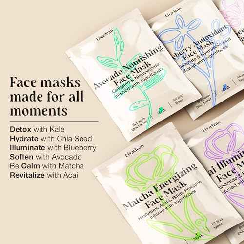 LivaClean 12 CT Face Masks Skincare - Collagen Sheet Mask - Hydrating Face Masks Bulk with Glycerin, Hyaluronic Acid, Aloe Vera - Soothing, Refreshing, Moisturizing Formula for All Skin Types