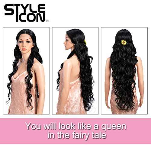 Style Icon 36" Lace Front Wigs Multi-Layered Super Long Big Curl Black Wigs With Baby Hair 130% Density Heat Resistant Fiber Synthetic Wig (36 Inch, 1B)