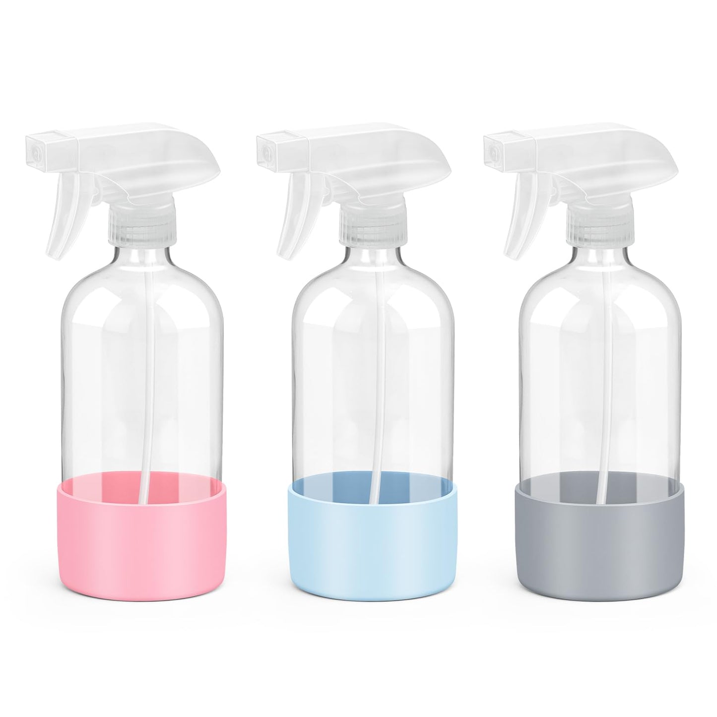 Rionisor Glass Spray Bottles with Silicone Sleeve Protection, Empty 16 oz Refillable Containers, Reusable Spray Bottles with Adjustable Nozzle for Hair, Cleaning Solutions, 3 Pack Grey&Blue&Pink