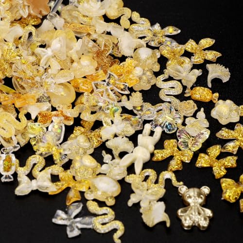 COOSLIM 110 Pieces 3D Bow Nail Charms for Acrylic Nails, Bows Rose Flower Butterfly Bowknot Heart Bear Rabbit Star Charms for Nail Art Designs DIY Accessories Craft(Gold)