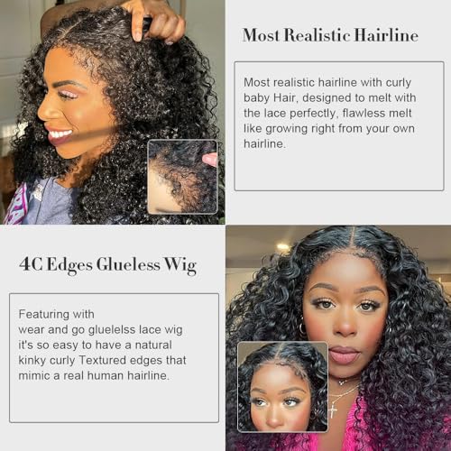 FACMOOD 16 Inch 4C Kinky Curly Human Hair Wig 180% Density HD Lace Front Pre-Plucked & Glueless